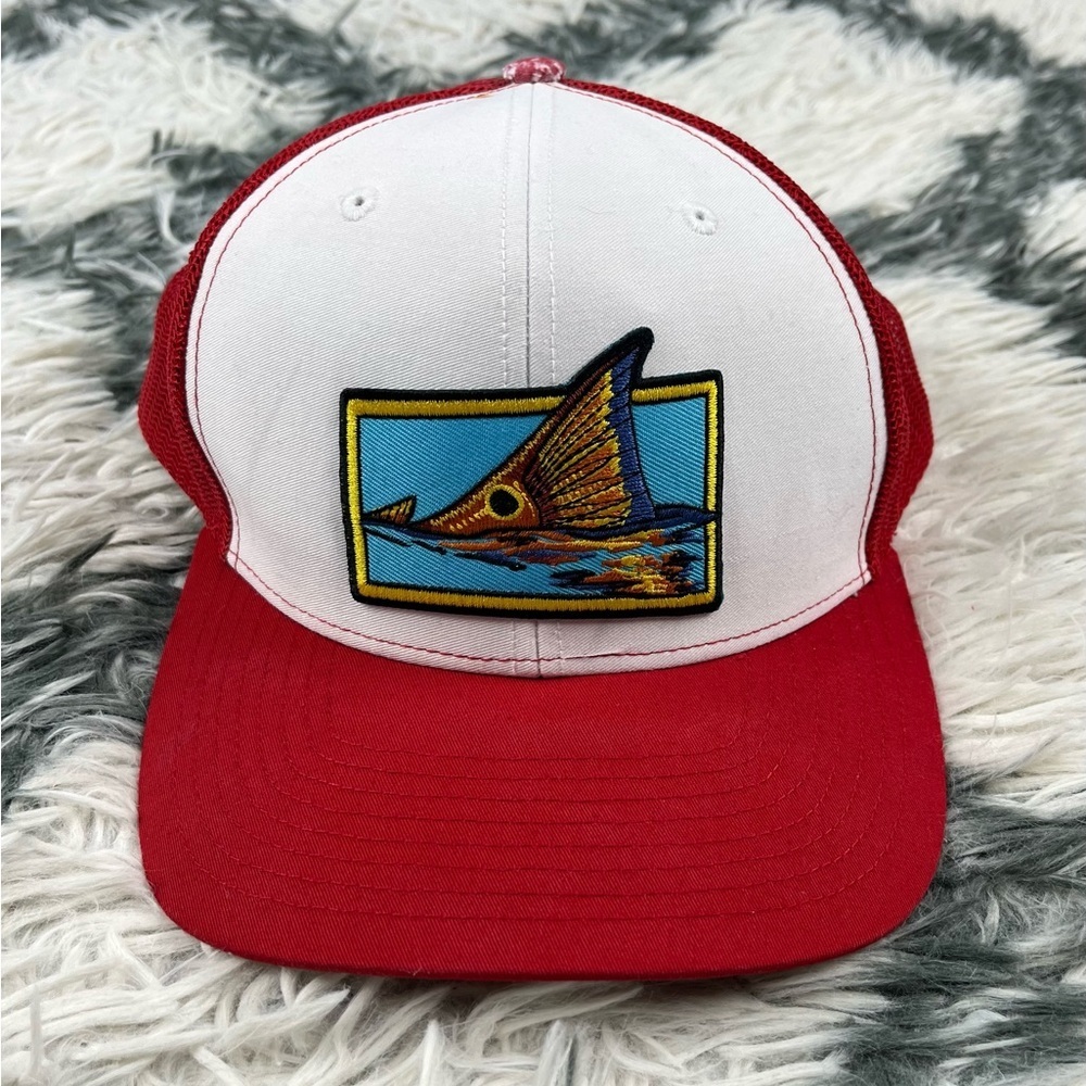 Richardson Men’s Red White SnapBack Trucker Hat Redfish Tailing Flaw